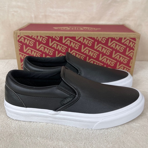 VANS Classic Slip On Black White Leather Old Skool - Picture 2 of 7